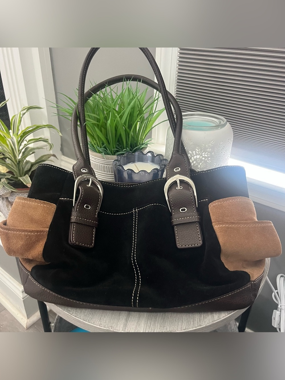 Tignanello Black Suede & Brown Trim Tote Bag Silver Buckle Accents - Picture 3 of 13